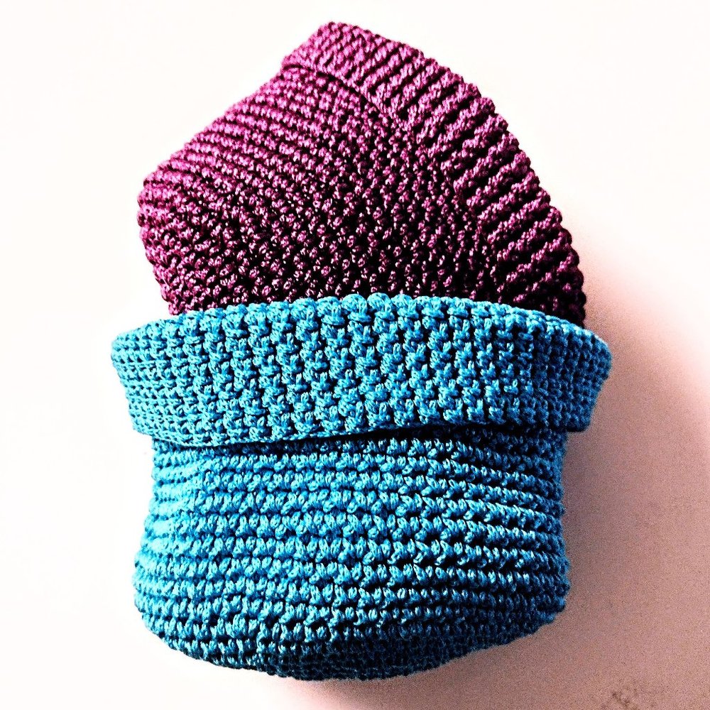 Small Crochet Nesting Basket Set ~ Teal & Purple ~ 5" & 6" Diam. ~ Sturdy ~ EUC